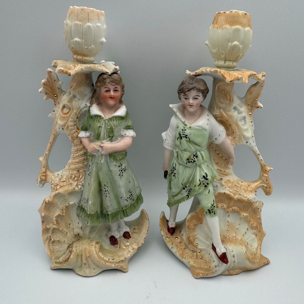 Antique Porcelain Figurine Candlestick Holders Pair Victorian German Bisque